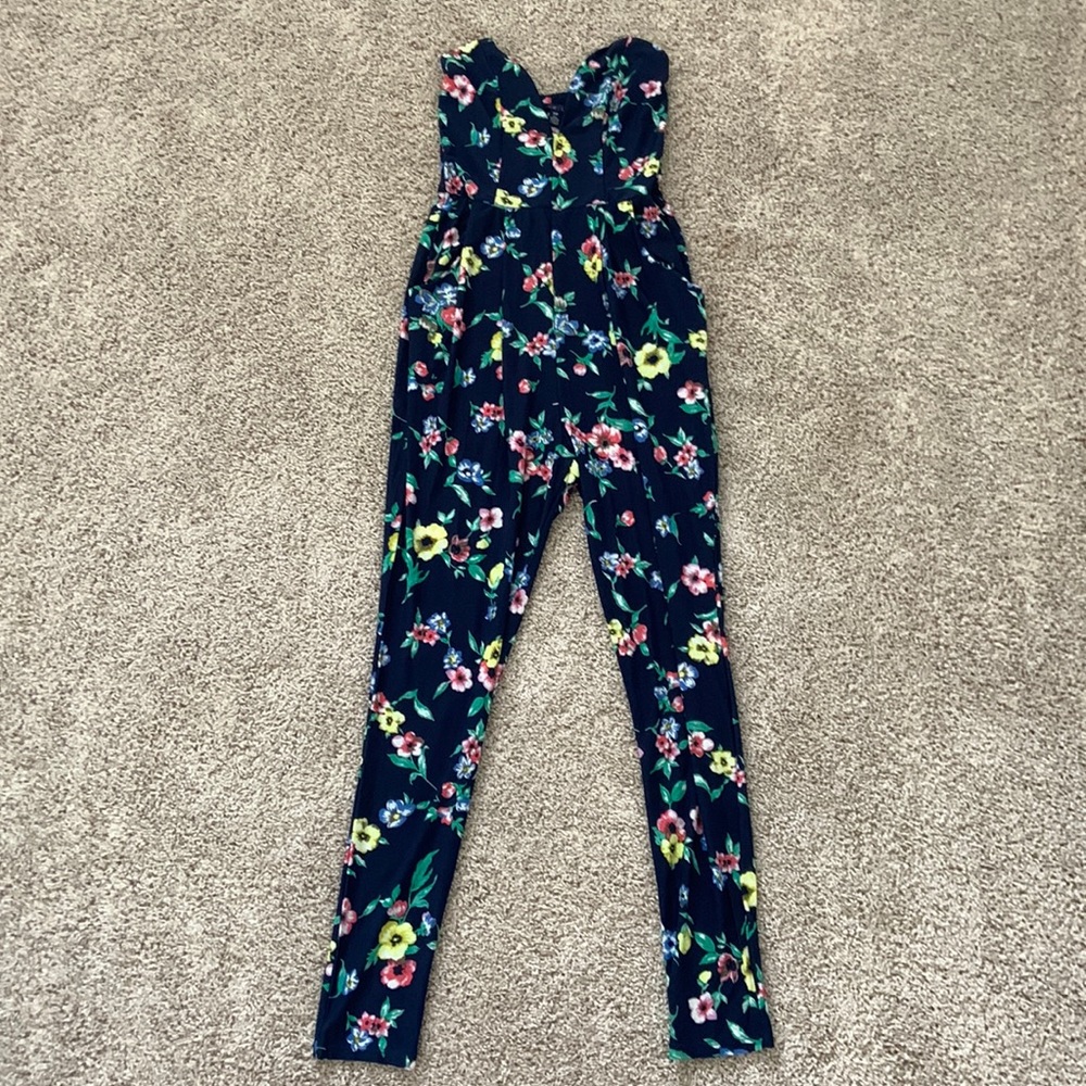 Dark Blue Floral Strapless Jumpsuit